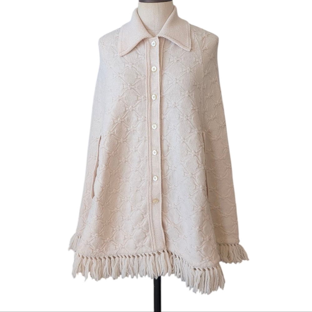 Vintage Cuddle Knit fringed, button up, knit capelet W arm holes. Medium